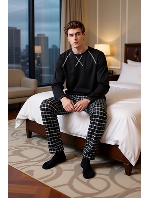 Ersefa Erkek V Yaka Ekose Desenli Pijama Takımı Fonksiyonel Dayanıklı Kaliteli Konforlu Estetik Şık