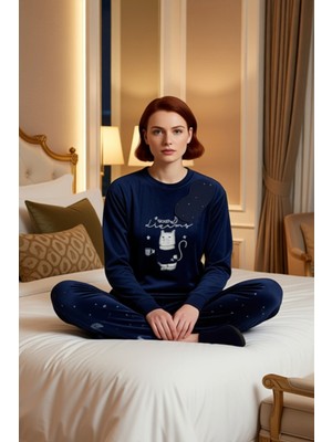 Ersefa Kadın Polar Pijama Takımı Kedi Desenli Fonksiyonel Dayanıklı Kaliteli Konforlu Estetik Şık