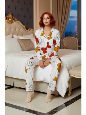 Ersefa Kadın Ayıcık Baskılı Gömlek ve Pantolon Pijama Seti Fonksiyonel Dayanıklı Kaliteli Estetik