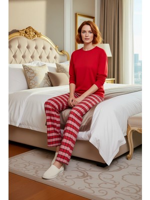 Ersefa Kadın Kareli Pijama Takımı Uzun Kollu Bisiklet Yaka Fonksiyonel Dayanıklı Kaliteli Estetik