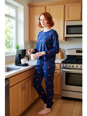 FRM Kadin Kalpli Pijama Takımı Bisiklet Yaka Uzun Kollu Pantu Fonksiyonel Dayanıklı Kaliteli Şık