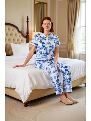 Ersefa Kadın Toile Desenli Bebe Yaka Kısa Kollu Pijama Takımı Fonksiyonel Dayanıklı Kaliteli Spor