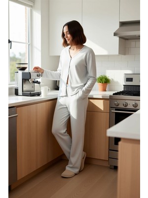 FRM Kadın Fitilli Örme Gömlek Yaka Lounge Pantolon Takımı Fonksiyonel Dayanıklı Kaliteli Rahat