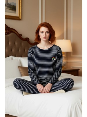 Ersefa Kadın Çizgili Gökkuşağı Detaylı Pijama Seti Fonksiyonel Dayanıklı Kaliteli Konforlu Modern