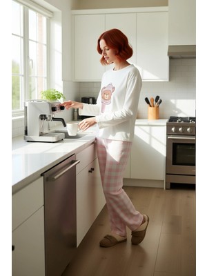 FRM Kadın Ekose Desenli Ayıcık Baskılı Pijama Takımı Fonksiyonel Dayanıklı Kaliteli Konforlu Şık