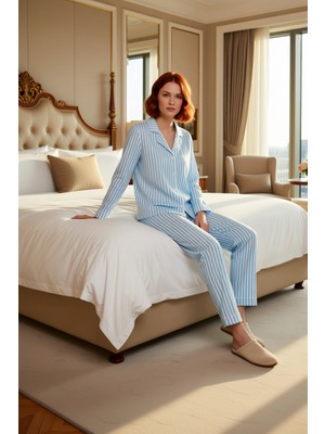 Ersefa Kadın Klasik Çizgili Pijama Takımı Uzun Kollu Fonksiyonel Dayanıklı Kaliteli Konforlu Spor