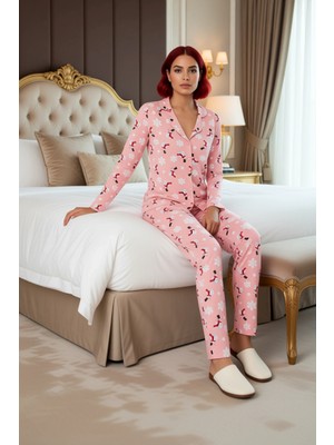 Ersefa Kadın Kış Temalı Düğmeli Pijama Takımı Uzun Kollu Fonksiyonel Dayanıklı Kaliteli Konforlu Şık