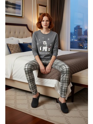 Ersefa Kadın Ayıcıklı Penguen Baskılı Ekose Pijama Takımı Fonksiyonel Dayanıklı Kaliteli Konforlu