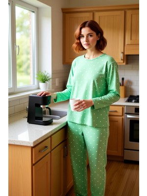 FRM Kadın Uzun Kollu Kalpli Puantiye Desenli Pijama Takımı Fonksiyonel Dayanıklı Kaliteli Spor