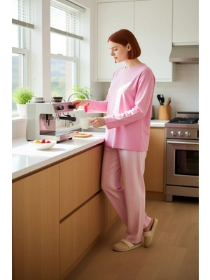 FRM Kadın Çizgili Pamuklu Pijama Takımı Uzun Kollu Fonksiyonel Dayanıklı Kaliteli Konforlu Şık