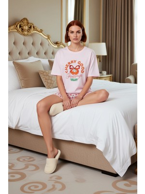 Ersefa Kadın Kiraz Desenli Pamuklu Pijama Takımı Bisiklet Yaka Fonksiyonel Dayanıklı Kaliteli Şık