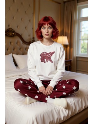 Ersefa Kadın Ayı Baskılı Bisiklet Yaka Pijama Takımı Fonksiyonel Dayanıklı Kaliteli Konforlu Spor