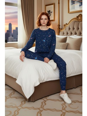 Ersefa Kadın Uzun Kollu Pijama Takımı Galaksi Desenli Renk Fonksiyonel Dayanıklı Kaliteli Estetik