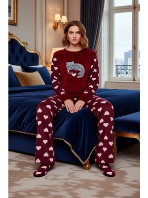 Ersefa Kadın Kalpli Polar Pijama Takımı ve Uyku Bandi Fonksiyonel Dayanıklı Kaliteli Konforlu Şık