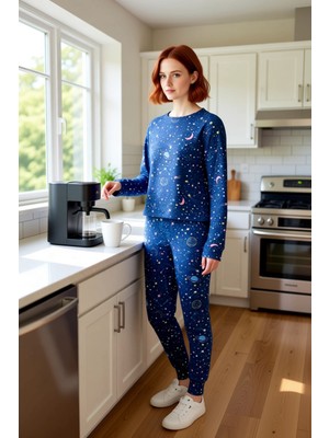 FRM Kadın Galaksi Baskılı Pijama Takımı Bisiklet Yaka Jogger Fonksiyonel Dayanıklı Kaliteli Şık