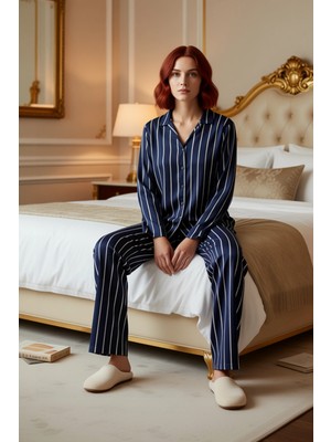 Ersefa Kadın Çizgili Viskon Gömlek ve Pantolon Pijama Takımı Lounge Giyim Fonksiyonel Dayanıklı Şık