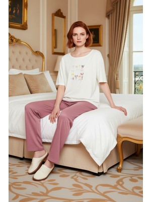 Ersefa Kadın Baskılı Bisiklet Yaka Pijama Takımı Geniş Paça Fonksiyonel Dayanıklı Kaliteli Modern