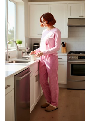 FRM Kadin Ayicik Baskılı Cizgili Pijama Seti Fonksiyonel Dayanıklı Kaliteli Konforlu Estetik Şık