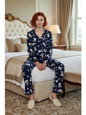 Ersefa Kadın Viskon Puantiye Tavşan Baskılı Pijama Takımı Fonksiyonel Dayanıklı Kaliteli Konforlu