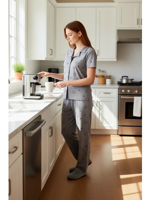 FRM Kadın Yıldız Desenli Melanj Pijama Takımı Gömlek Yaka Fonksiyonel Dayanıklı Kaliteli Rahat