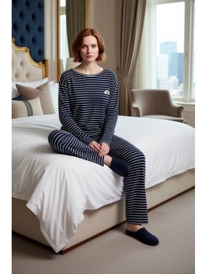 Ersefa Viskon Gökkuşağı Baskılı Çizgili Pijama Takımı Kadın Fonksiyonel Dayanıklı Kaliteli Modern