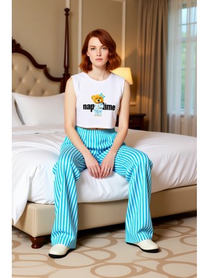 Ersefa Kadin Cizgili Pijama Takımı Ayicik Detayli Fonksiyonel Dayanıklı Kaliteli Konforlu Estetik