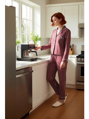 FRM Kadın Açık Çizgili Uzun Kollu Pijama Takımı Penguen Baskılı Fonksiyonel Dayanıklı Kaliteli