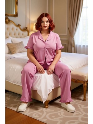 Ersefa Kadın Gömlek Yaka Fırfırlı Örme Pijama Takımı Fonksiyonel Dayanıklı Kaliteli Konforlu Spor