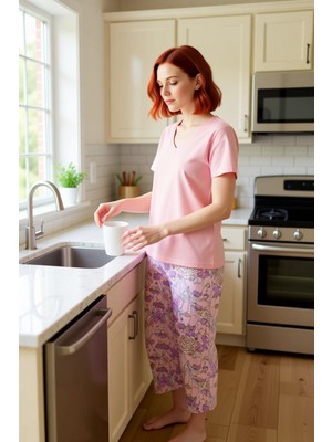 FRM Kadın Çiçekli Örme Kapri Pijama Takımı Fonksiyonel Dayanıklı Kaliteli Konforlu Estetik Şık