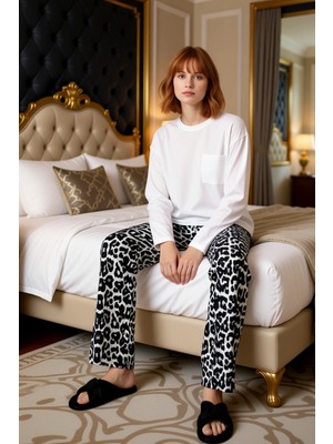 Ersefa Kadın Uzun Kollu Bisiklet Yaka Leopar Desenli Pijama Takımı Fonksiyonel Dayanıklı Kaliteli