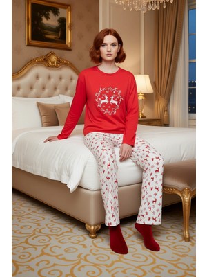 Ersefa Kadin Kirmizi Geyik Desenli Pijama Takımı Fonksiyonel Dayanıklı Kaliteli Konforlu Estetik Şık