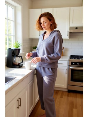FRM Kadın Kulaklı Kapüşonlu Wellsoft Pijama Takımı Füme Fonksiyonel Dayanıklı Kaliteli Estetik