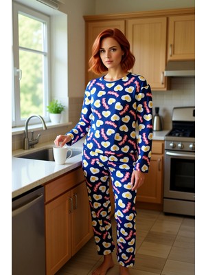 FRM Kadın Kahvalti Desenli Pijama Takımı Uzun Kollu Fonksiyonel Dayanıklı Kaliteli Konforlu Şık