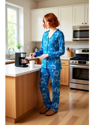 FRM Kadın Kozmik Desenli Viskon Pijama Takımı Fonksiyonel Dayanıklı Kaliteli Konforlu Estetik Şık