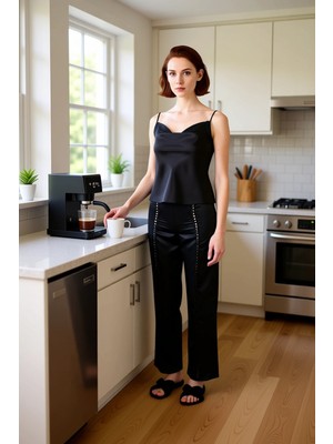 FRM Kadın Saten Dokuma Atlet ve Boru Paça Pantolon Ev Giyim Takımı Fonksiyonel Dayanıklı Rahat