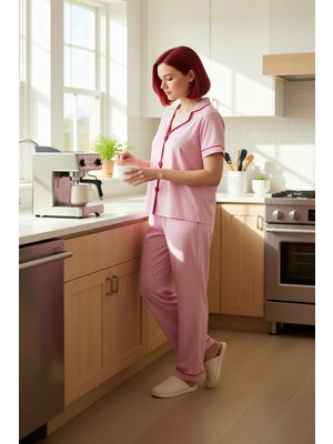 FRM Kadin Kalpli Biyeli Viskon Pijama Gömlek Pantolon Fonksiyonel Dayanıklı Kaliteli Konforlu Şık