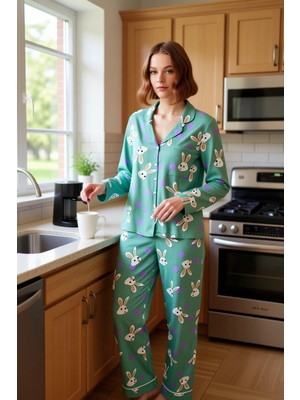 FRM Kadın Uzun Kollu Tavşan Desenli Viskon Pijama Takımı Fonksiyonel Dayanıklı Kaliteli Modern