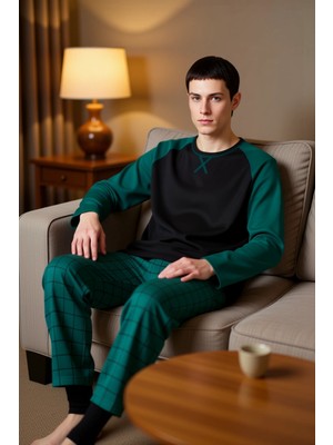 PayBuy Erkek Bisiklet Yaka Kareli Pijama Takımı Uzun Kollu Fonksiyonel Dayanıklı Kaliteli Estetik