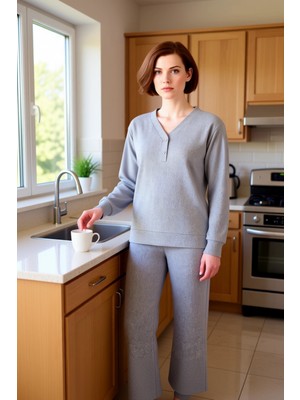 FRM Kadın Melanj Waffle Örme Pijama Takımı Fonksiyonel Dayanıklı Kaliteli Konforlu Estetik Şık