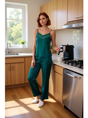 FRM Kadın Zümrüt Dantel Detaylı Saten Pijama Takımı Fonksiyonel Dayanıklı Kaliteli Konforlu Şık