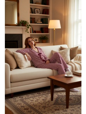 PayBuy Kadın Çizgili Gömlek Yaka Bağlamalı Pijama Takımı Fonksiyonel Dayanıklı Kaliteli Konforlu Şık