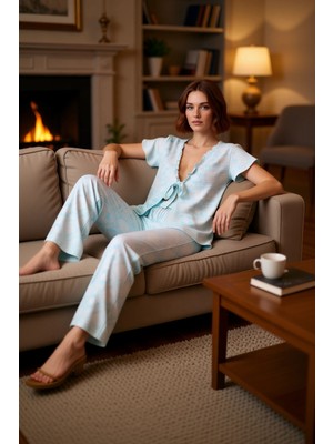 PayBuy Kadın Etnik Desenli V Yaka Kısa Kollu Pijama Takımı Fonksiyonel Dayanıklı Kaliteli Estetik