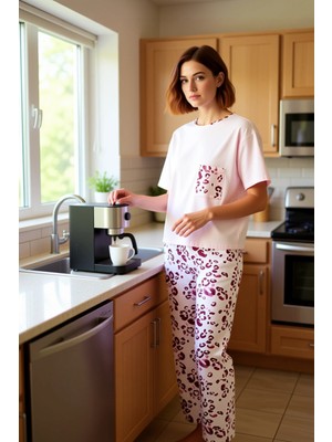 FRM Kadın Pudra Leopar Desenli Örme Pijama Takımı Fonksiyonel Dayanıklı Kaliteli Konforlu Spor