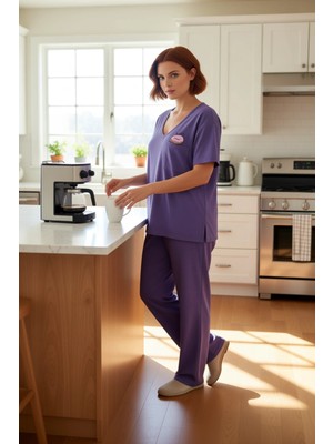 FRM Kadın Lila Baskılı V Yaka Kısa Kollu Pijama Takımı Fonksiyonel Dayanıklı Kaliteli Konforlu