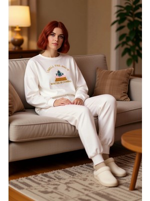 PayBuy Kadın Kar Küresi Nakışlı Bisiklet Yaka Örme Pijama Takımı Fonksiyonel Dayanıklı Kaliteli Şık