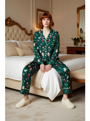 Ersefa Kadin Kirmizi Yılbaşı Desenli Gömlek Yaka Pijama Seti Fonksiyonel Dayanıklı Kaliteli Rahat