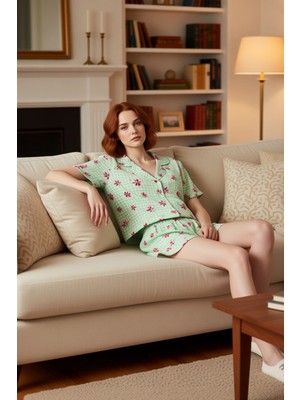 PayBuy Kadın Mint Çiçekli Gömlek Şort Pijama Takımı Fonksiyonel Dayanıklı Kaliteli Konforlu Rahat