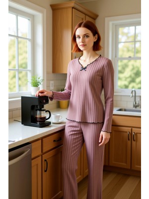 FRM Kadın Fitilli Örme Pijama Takımı V Yaka Uzun Kollu Fonksiyonel Dayanıklı Kaliteli Konforlu