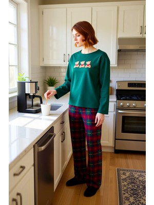 FRM Kadin Ayici Detayli Bisiklet Yaka Ekose Pijama Takımı Fonksiyonel Dayanıklı Kaliteli Rahat