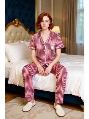 Ersefa Kadın Çizgili Baskılı Gömlek ve Pantolon Pijama Takımı Fonksiyonel Dayanıklı Kaliteli Spor